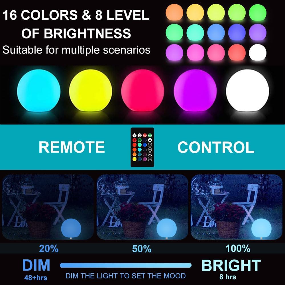 8-in Solar Globe Light Outdoor, Solar Garden Ball Light for Outside w/Remote, 16 RGB Colors 4 Modes Glow Orb Lights, Waterproof Landscape Lighting w/Ground Stake for Pathway Patio Backyard Party Decor
