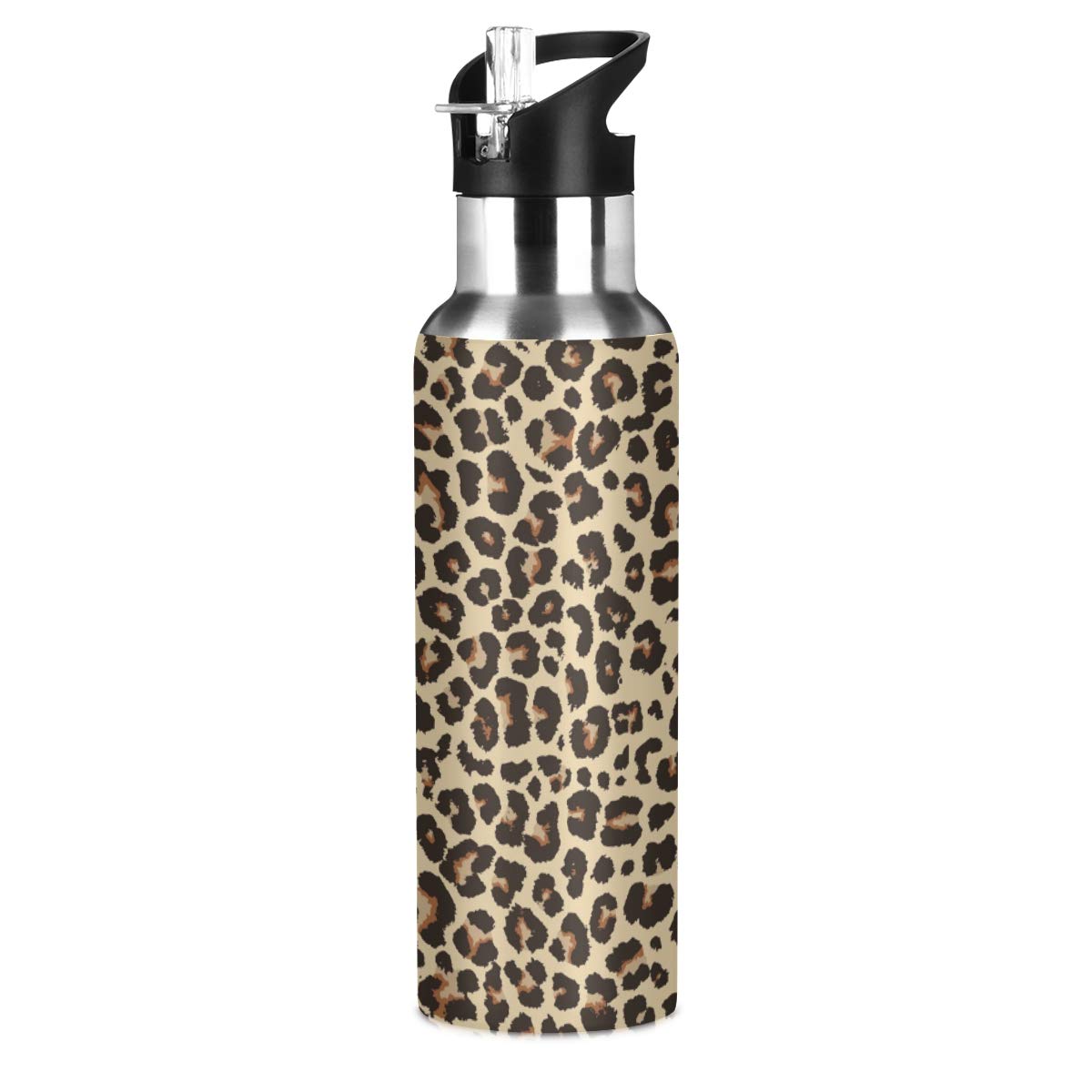 JUMBEAR Brown Leopard Print Water Bottle Acuum Insulated Stainless Steel Leakproof Wide Mouth with Straw Lid for Fitness Gym and Outdoor Sports 22OZ — image 1