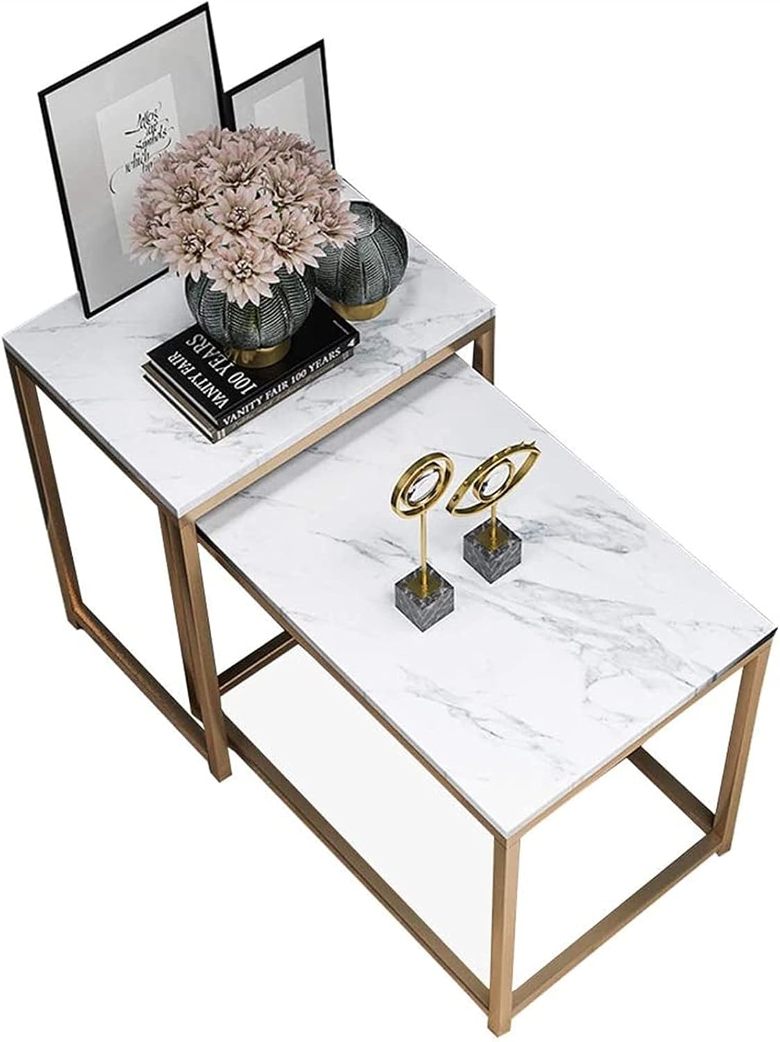 Wddwarmhome Home Décor Furniture Rectangular Coffee Table Sets 2 Piece End/Side Tables Nordic Marble Nesting Tables for Living Room Office 43 x 31 x 53 cm+57 x 36 x 45cm Living Room or Lounge