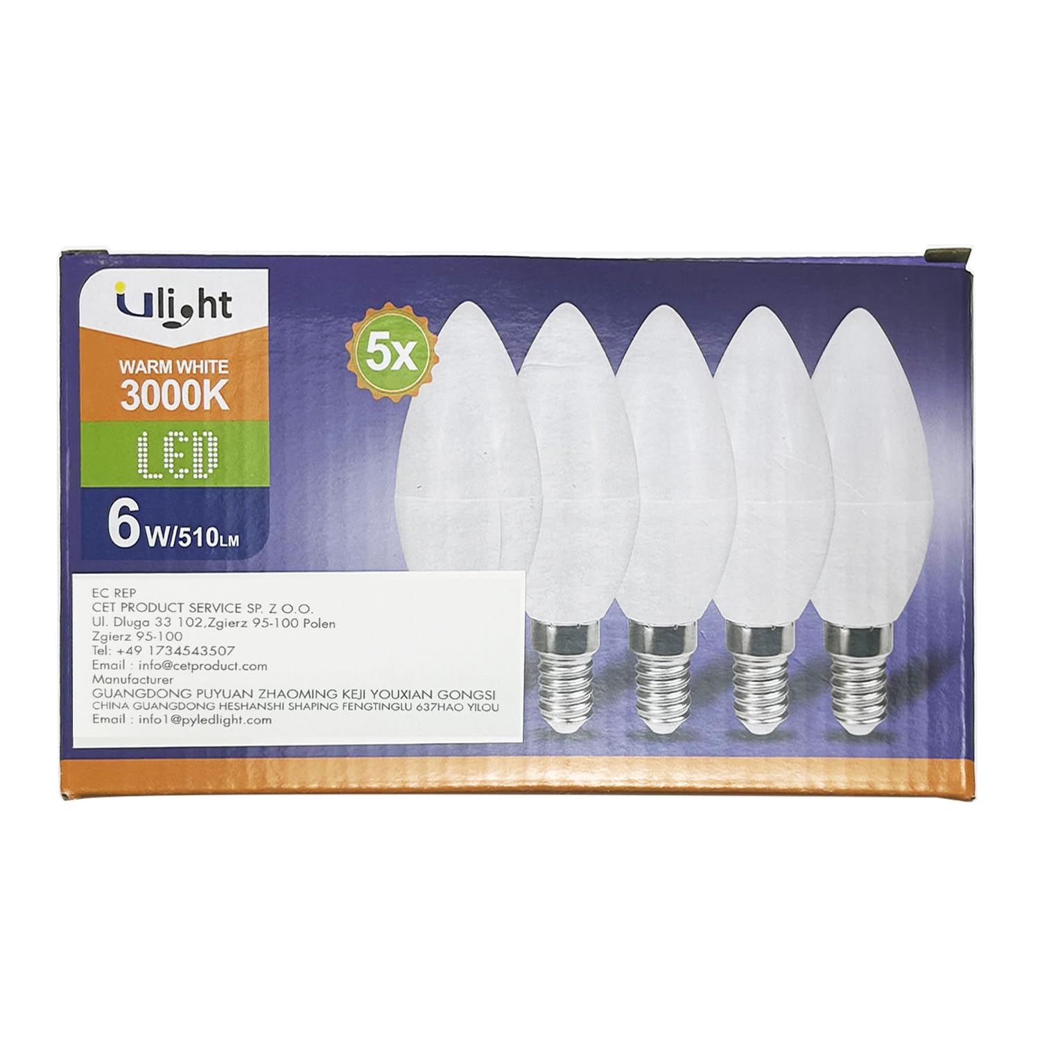 ULIGHT Lampadina LED E14 Oliva, 6W Equivalente a Incandescente da 50W, Luce Bianca Calda 3000K, 510 Lumen, 220V-240V Non Dimmerabile, Fascio Luce 210°, Confezione da 5 Pezzi