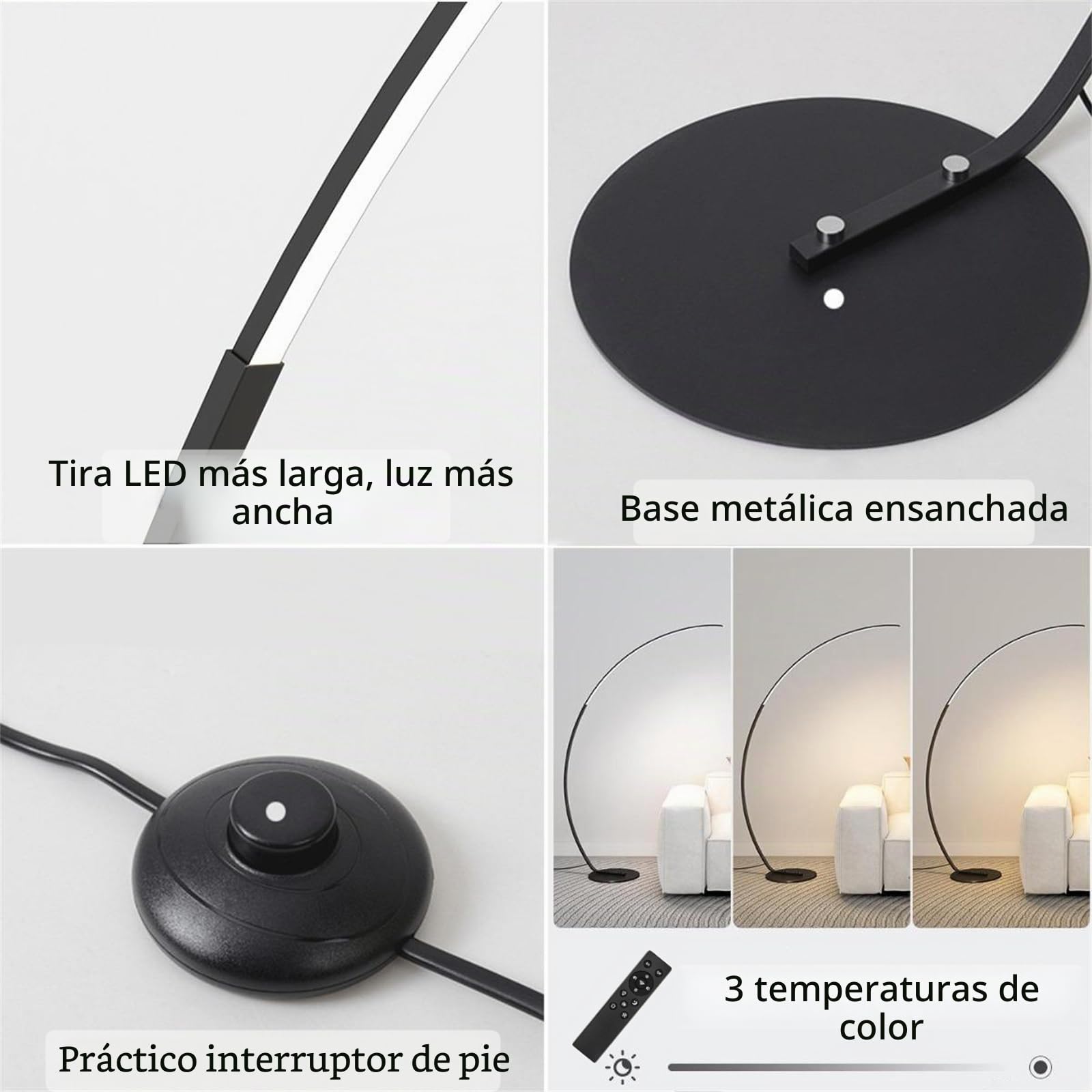 Lámpara de Pie LED Moderna de Arco - Regulable con 3 Temperaturas de Color, Ultrabrillante para Sala de Estar y Dormitorio con Control Remoto