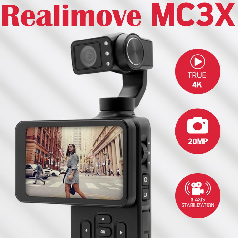 AGFA Photo Gimbal Realimove MC3X - Caméra Stabilisateur 3 Axes 4K Ultra HD, Écran Tactile Rotatif 3,5", 20 MP, Suivi de Visage, Vision Nocturne, Grand Angle 120°, Wi-FI, Autonomie 170 Min - Noir