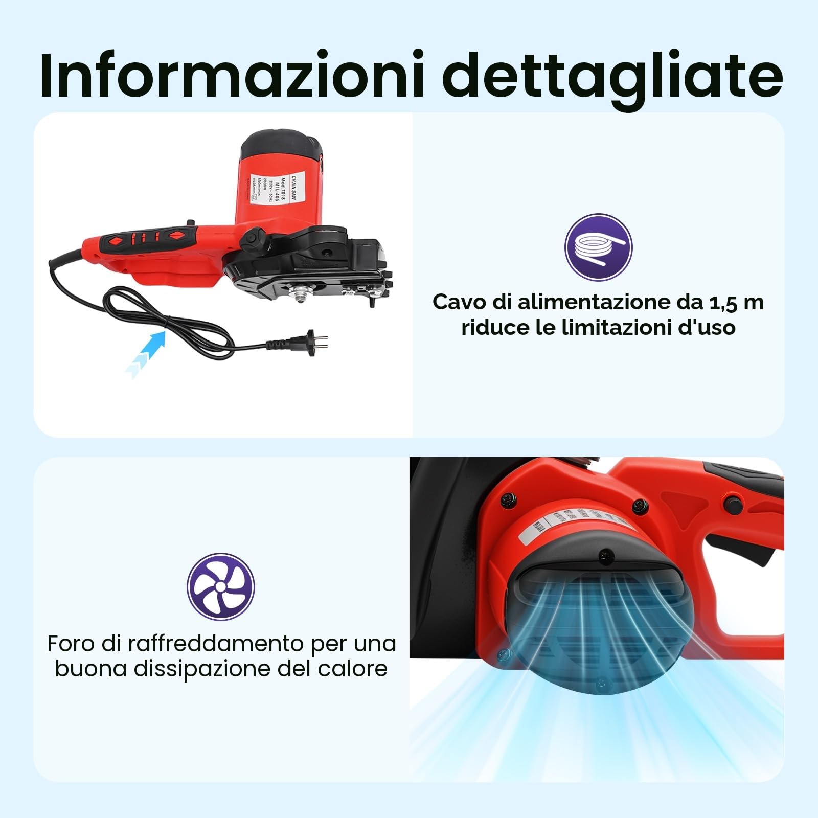 Motosega Elettrica 2000 W con Spruzzatura Automatica dell'Olio – Piastra Guida da 16 Pollici, Cavo di Alimentazione da 4,92 m, 9 Denti per Tagli Precisi – Ideale per Giardinaggio e Falegnameria