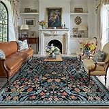 WondRg 8x10 Washable Blue Floral Area Rug for Living Room Non-Slip Soft Large Rug for Playroom Vintage Low Pile Stain Resistant Carpet for Bedroom Kitchen Office Dining Kids Room Indoor