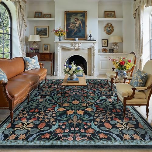 WondRg 8x10 Washable Blue Floral Area Rug for Living Room Non-Slip Soft Large Rug for Playroom Vintage Low Pile Stain Resistant Carpet for Bedroom Kitchen Office Dining Kids Room Indoor