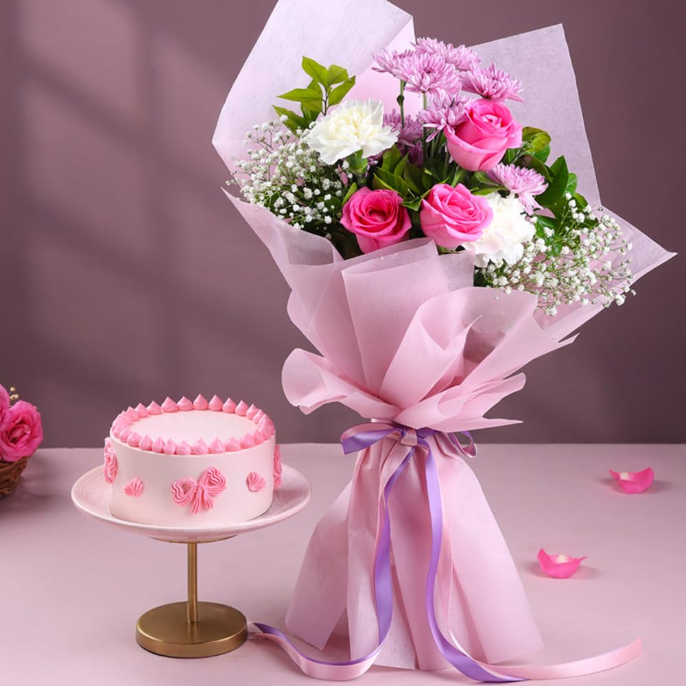 FlowerAura Premium Combo of Fresh Live 5 Mix Flowers Bouquet With 500g Chocolate Cream Cake For Birthday | Anniversary | Valentine's Day | Romantic Surprise | Rose & Chocolate Day (Same Day Delivery)-image-32