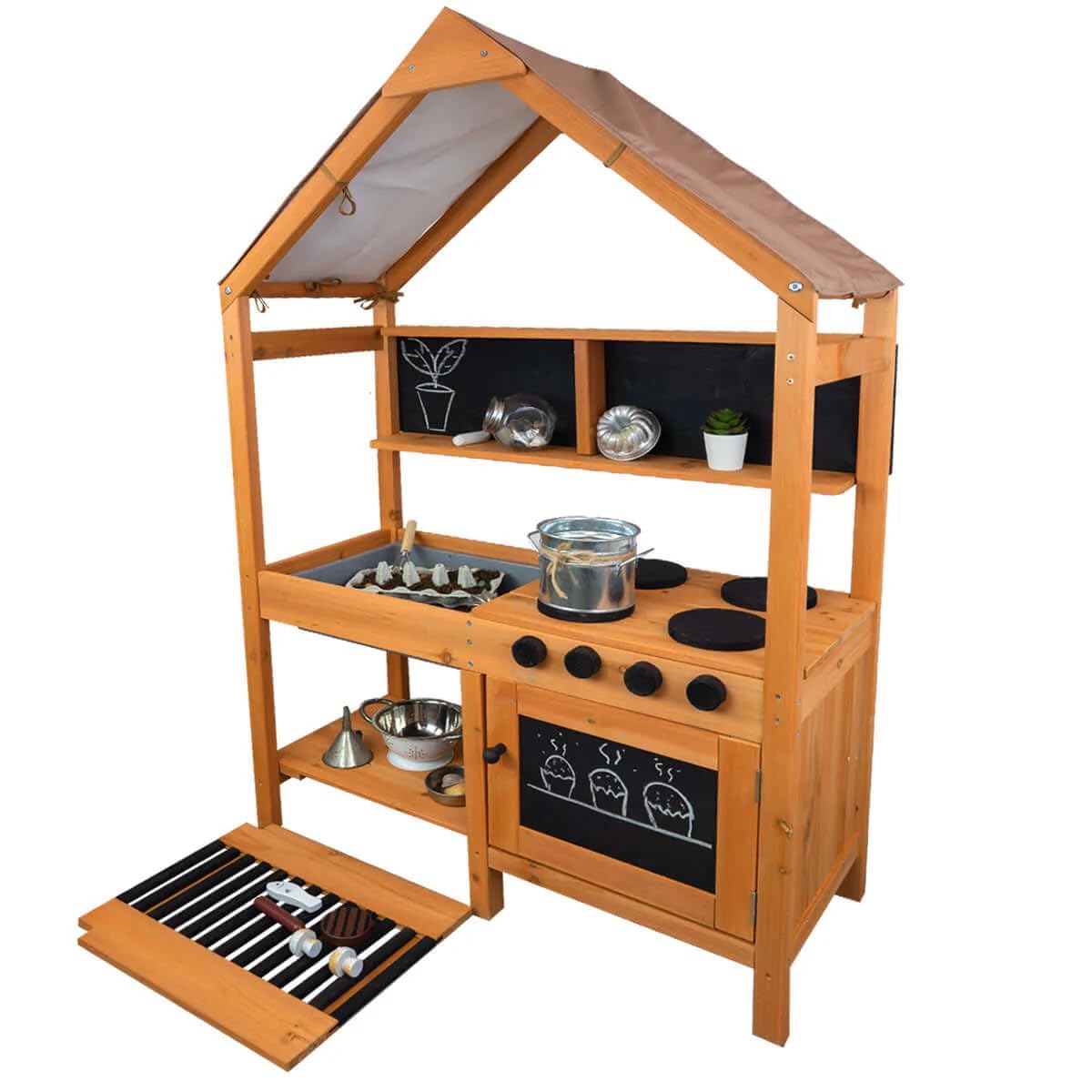 Meppi Matschküche aus Holz mit Grill, Herdplatten und Dach - Outdoorküche für Kinder