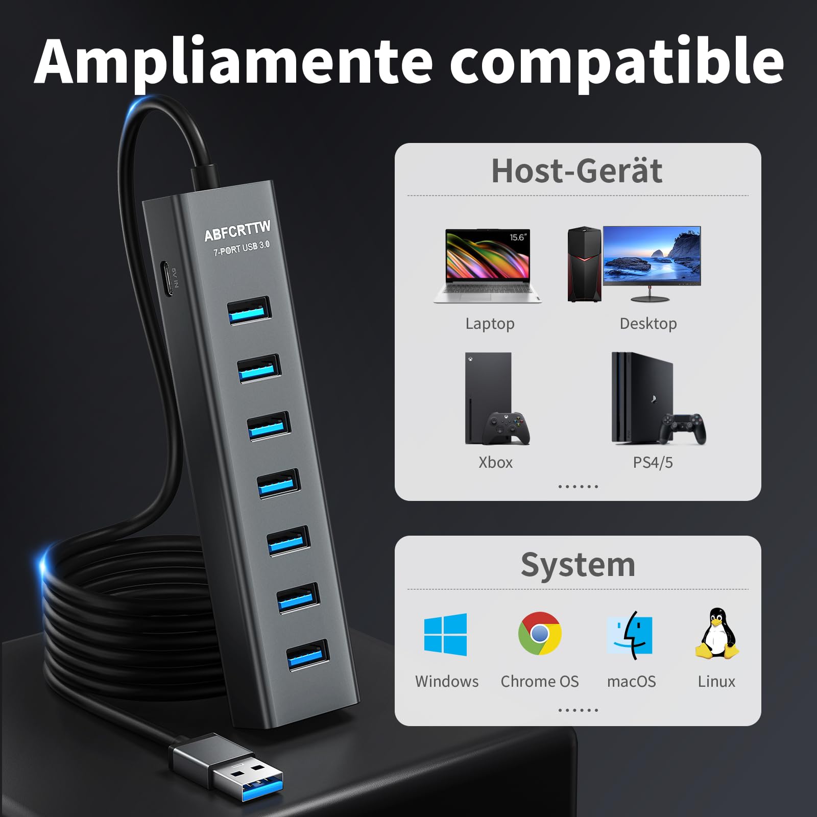 7 Puertos Hub USB 3.0 con 120cm Cable para PC Computadora, Aluminio USB Hub Adaptador multipuerto con USB 3.0 5Gbps, 5V 3A USB-C Alimentado para PC, Laptop, MacBook, Mouse, Teclado, U-Disk etc.