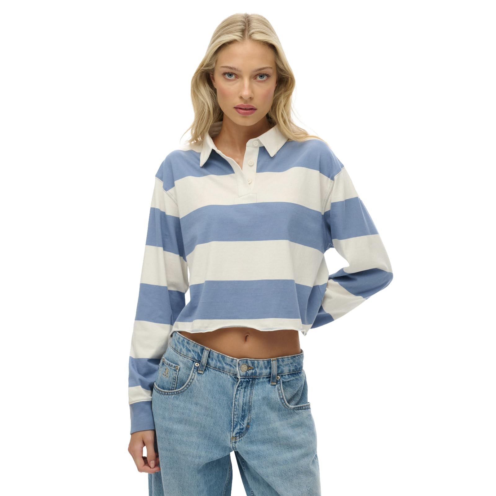Superdry Women's Tidal Blue Ecru Stripe Athletic Essentials Long Sleeve Polo Shirt - Size: 10