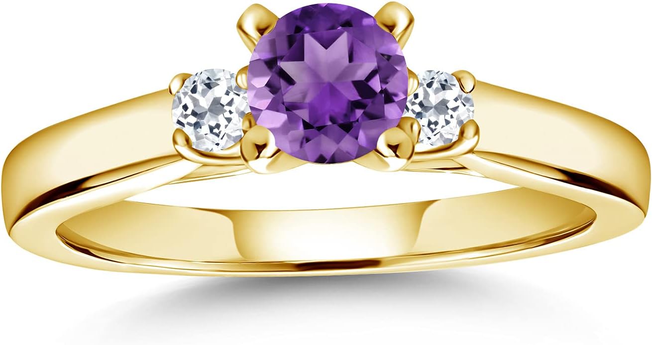 Gem Stone King 18K Yellow Gold Plated Silver Purple Amethyst and White Topaz 3-Stone Engagement Ring For Women (0.65 Cttw, Gemstone February Birthstone)