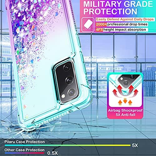Compatible with Galaxy S20 FE 4G/ 5G Case [with Screen Protector] Clear Liquid Heart Glitter Soft TPU Bumper Cover Shockproof Transparent Girly Phone Case for Samsung Galaxy S20 FE,Teal/Purple