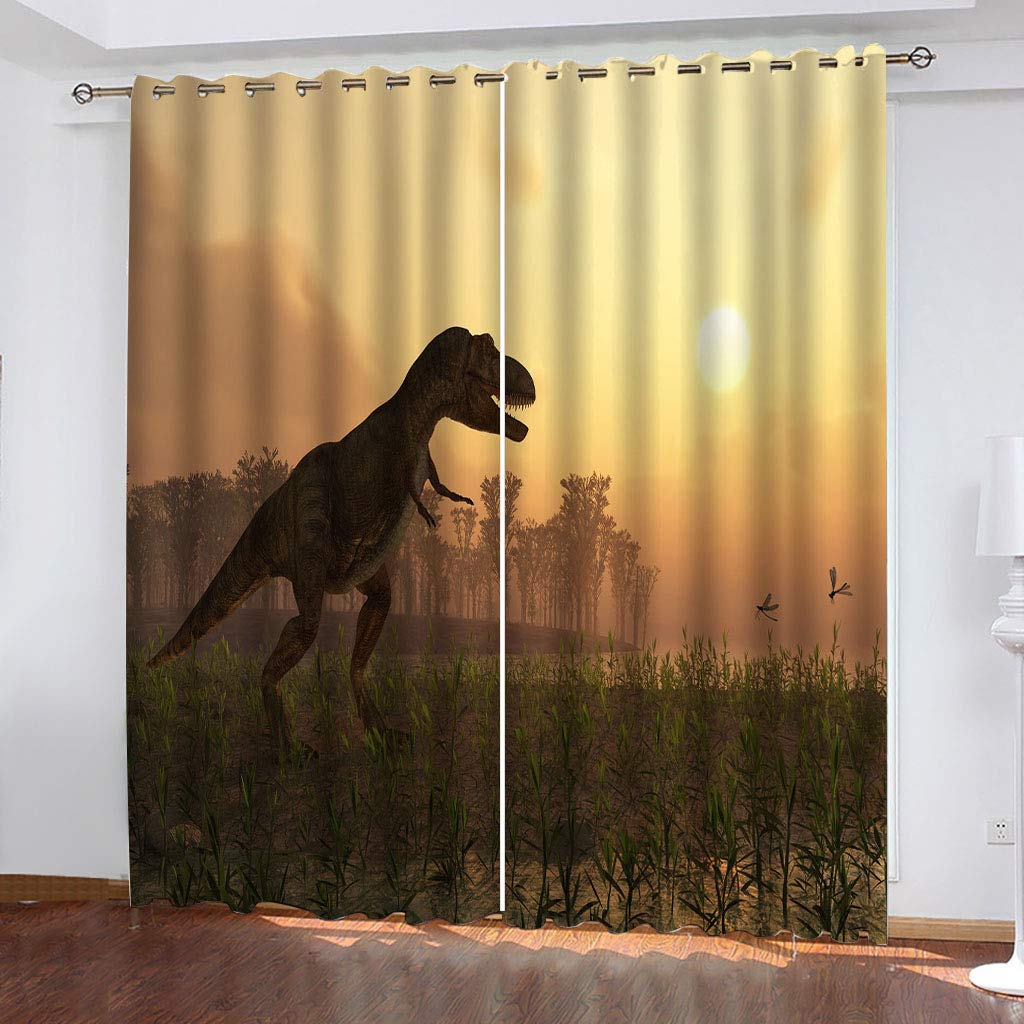 3D Dinosaure Herbacé Coucher De Soleil Rideau Occultant À Oeillets, 234x230 Cm Lot De 2 Décoration Rideaux Isolant Thermique Anti Froid Et Chaleur 100%, Chambre Fenetre Et Salon, pour Maison