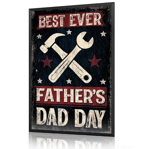 Distressed Style Tools Happy Fathers Day Metal Tin Sign, Vintage Wall Art for Patriotic Dad, Yard Patio Garage Workshop Outdoor Decor 8x12 Inch