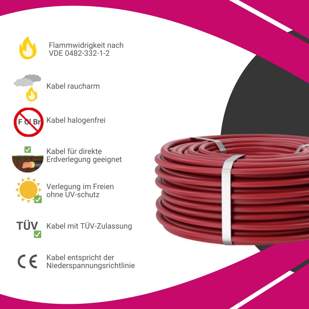 Solarkabel 6mm² I 100m H1Z2Z2-K Solarleitung Photovoltaikanlagen | Direkt Erdverlegbar I Anschlusskabel für PV Module (Rot| 19% MwSt, 100m)