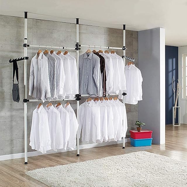 Cocoarm Telescopic Clothes Rail Heavy Duty Telescopic Clothes Rack Garment Rack DIY Clothes Hanger Clothes Hanging Rail with Hanging Hook Adjustable Height 281-329cm Adjustable Width 80-139cm