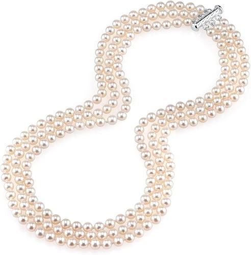 The Pearl Source Sterling Silver AAAA Quality Triple Strand White Freshwater Cultured Pearl Necklace for Women