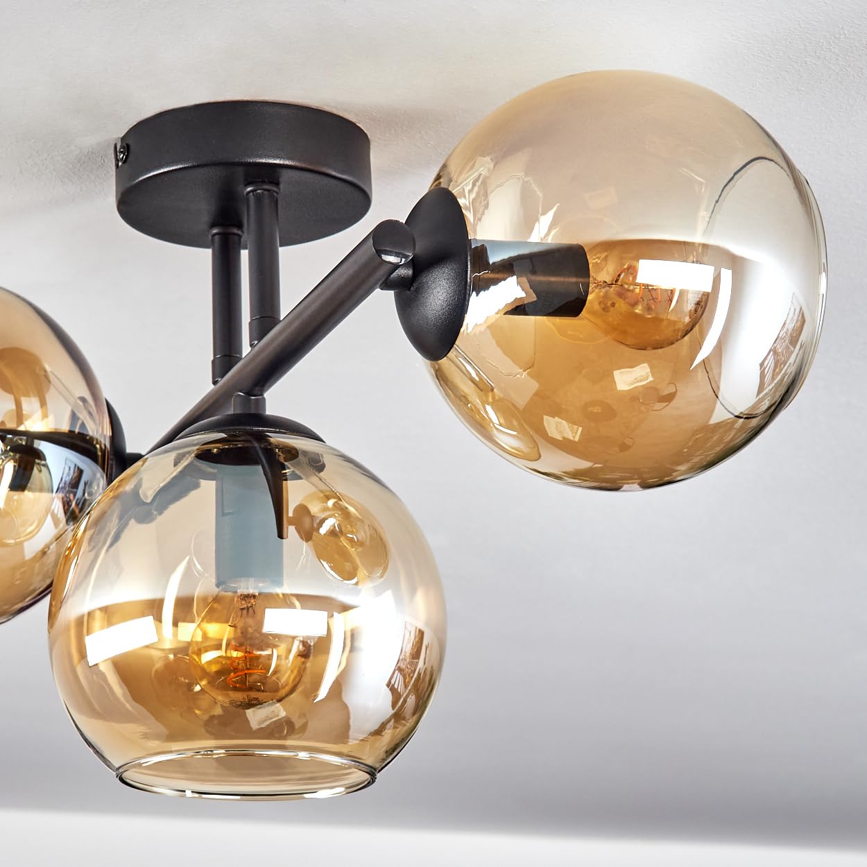 HOFSTEIN Deckenleuchte Koyoto, 3-flammige Deckenlampe aus Metall/Glas in Schwarz/Bernsteinfarben, Leuchte im Retro/Vintage-Design (Schirme Ø 15 cm), E14, Esszimmer, Wohnzimmer, Küche, Flur