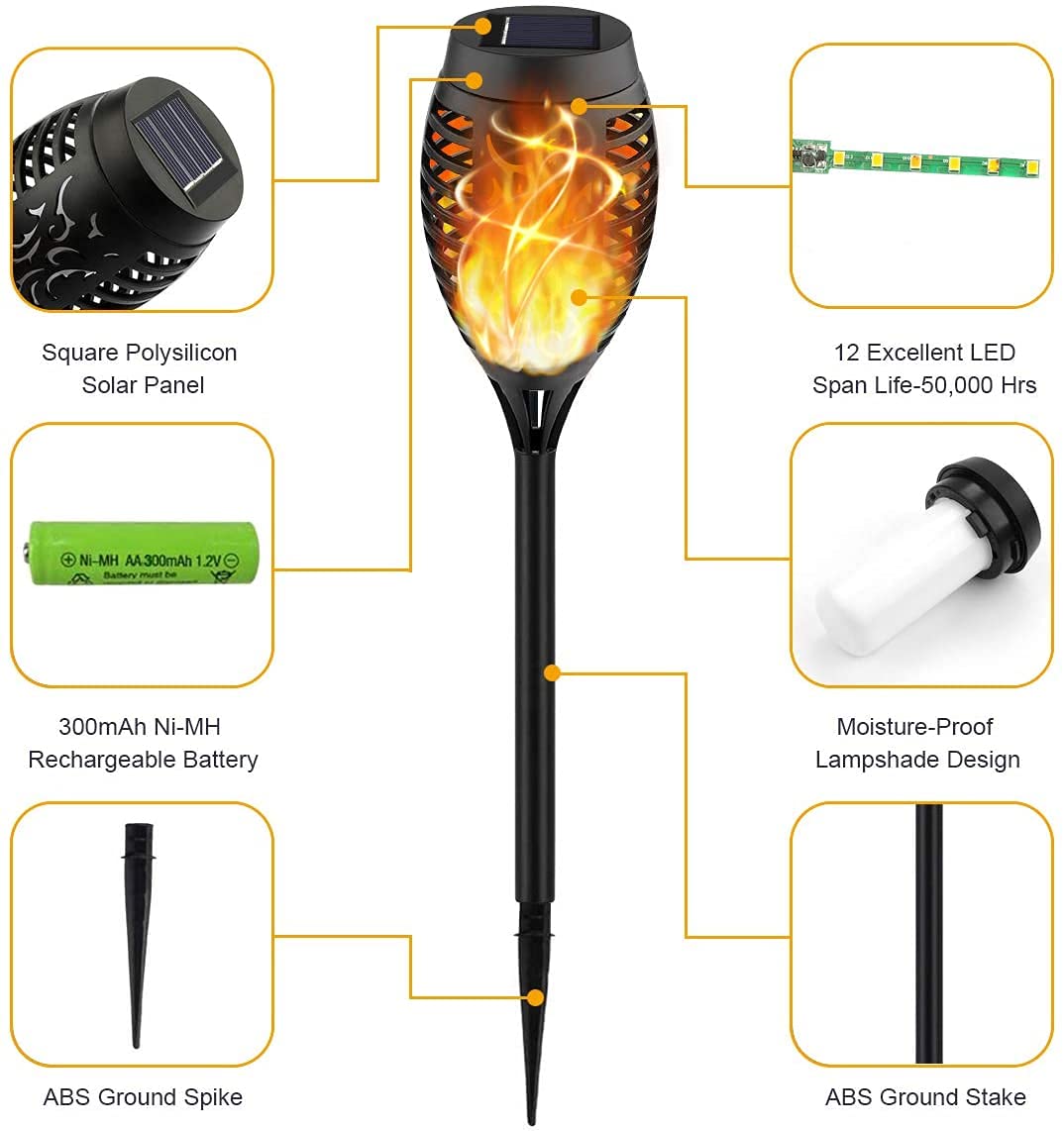 12 LED parpadeante antorcha luces solares impermeables al aire libre mini luces solares de llama decoración de camino (paquete de 6)
