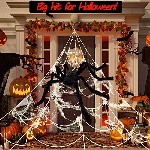 Halloween Natale Large Spider Web Stretch Triangolare Ragnatela Puntelli Opzioni di dimensioni multiple Bianco spaventoso con picchetti a gancio per la decorazione del cortile all'aperto (59in Spide