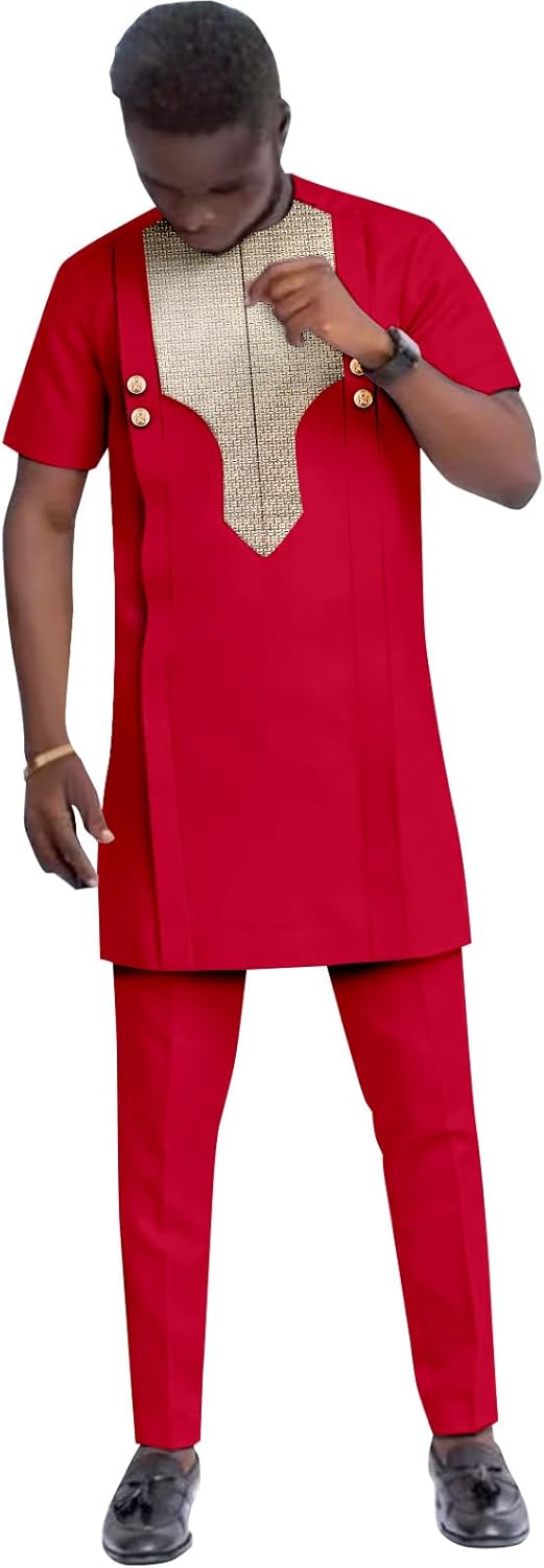 African Suits for Men Embroidery Short Sleeve Shirts and Pants 2 Piece Set Dashiki Outfits Wedding Evening