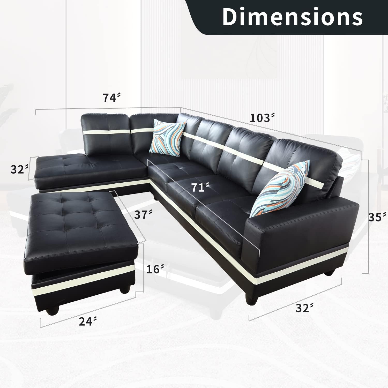 Black Leather Sectional Couch for Living Room Set,Sectional Sofa L Shape Couch with Storage Ottoman/Black+White Side Faux Leather/Facing Left Chaise