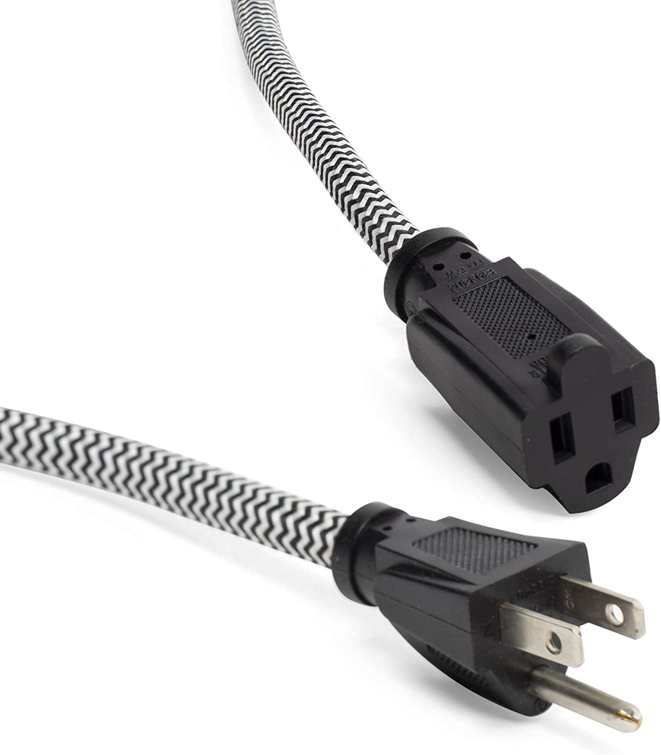 Rustic State 12 Feet Braided Zig Zag Fabric Power Extension Cord with Flexible Cable & 3 Prong Plug - Decorative Stylish Industrial Vintage DIY Projects - 18 Gauge Chevron - Black & White