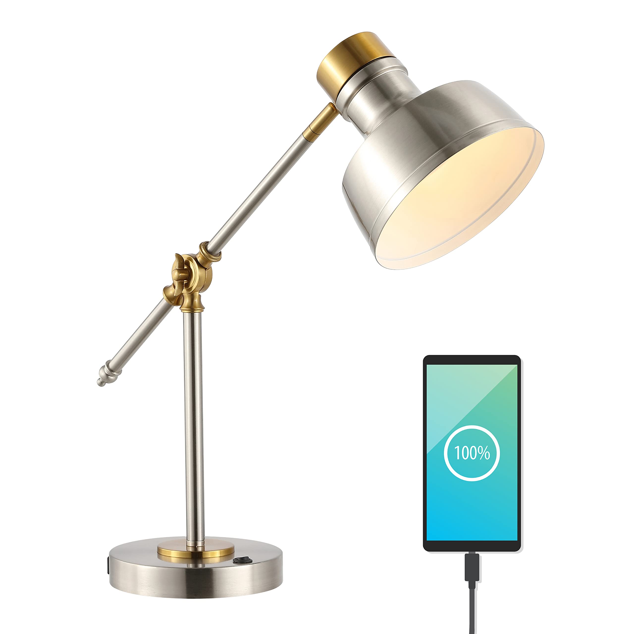 JONATHAN Y Allegra Metal Task Desk Lamp USB Port 18.5", Nickel/Brass Gold