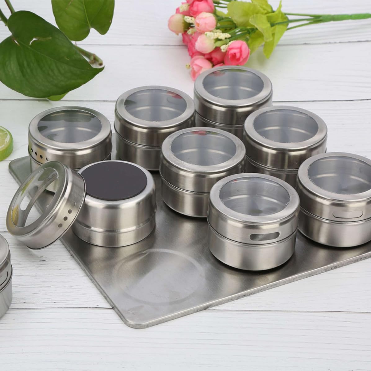 Operitacx 9 Tarros de Especias de Acero Inoxidable con Imán y Ventana Visible para Almacenar Condimentos y Pimienta en Polvo, Paquete de 9 Piezas para Uso en Cocina y Hogar