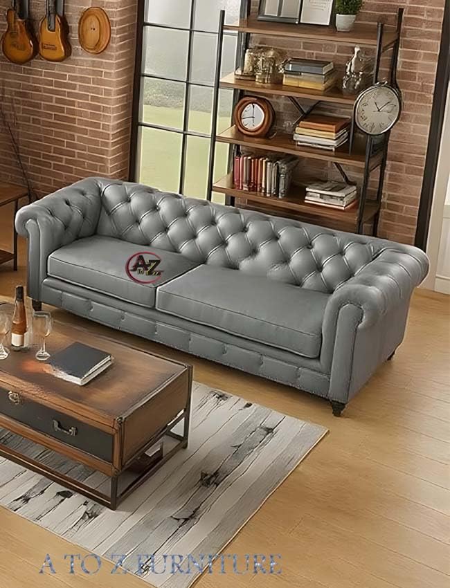 Image of A to Z Furniture Classic 3+2=5 Seater Sofa Set with Wooden leg's with Luxury Chesterfield Leatherette Sofa in for Home Living Room & Office (3+2 Light Grey)