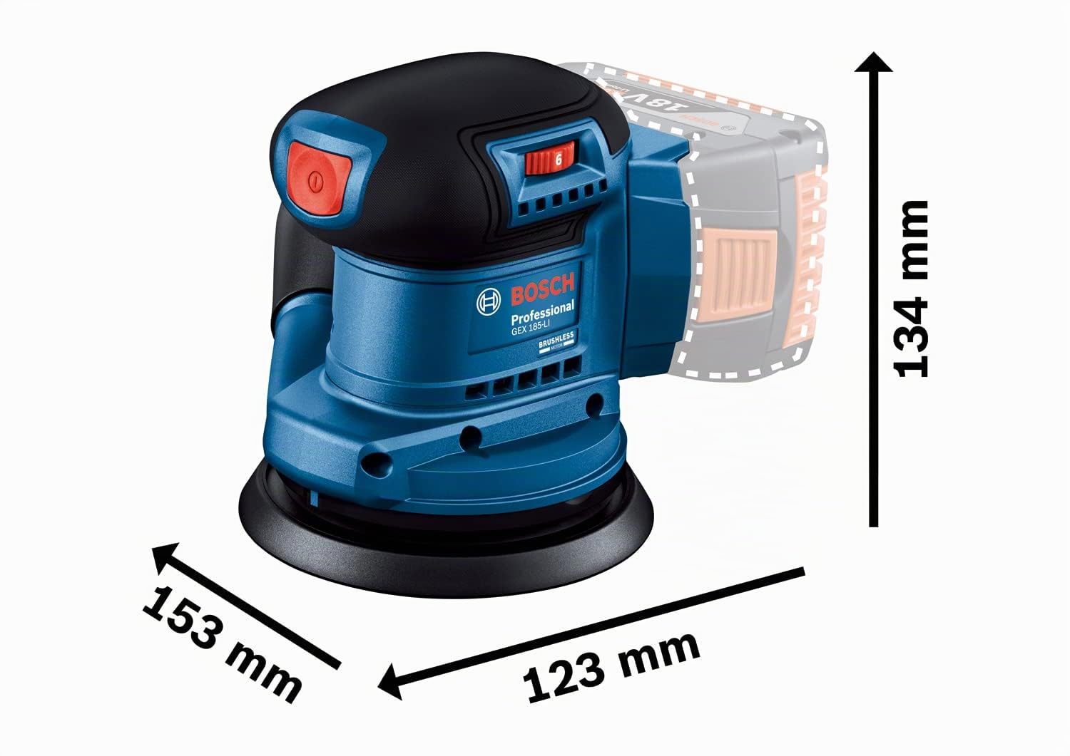 Bosch Professional sistema 18V: lijadora orbital GEX 185-LI (bolsa de polvo, velocidad de rotación sin carga 6.000-10.000 min-1)