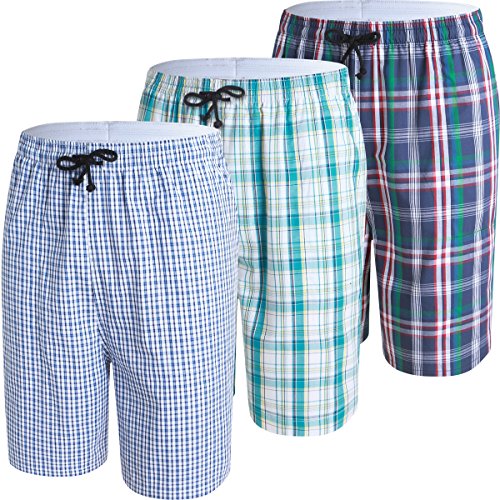 JINSHI Mens Pajamas Short Lounge/Sleep Shorts Plaid Poplin Woven 3Pack Cotton