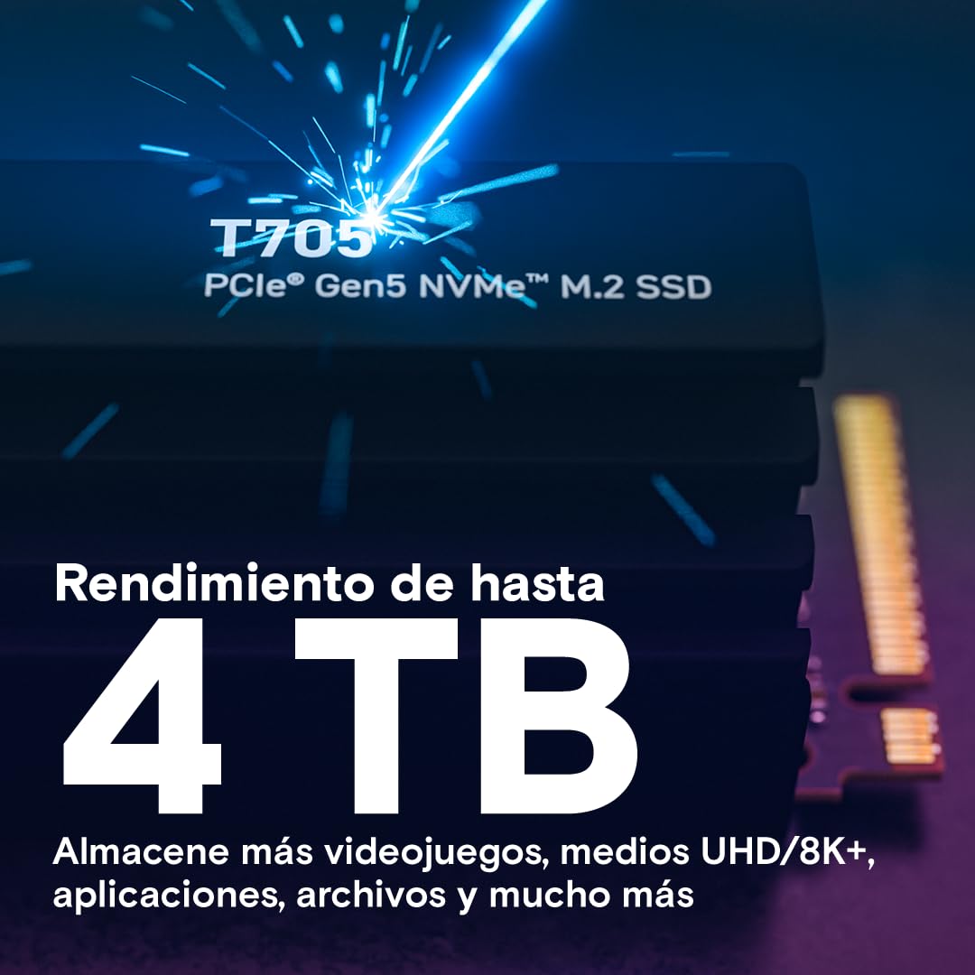 Crucial T705 SSD 2TB PCIe 5.0 x4 Gen5 NVMe M.2 con Disipador, Velocidades de Lectura hasta 14500 MB/s, Escritura 12700 MB/s, para PC de Escritorio, TLC NAND, Disco Duro Interno - CT2000T705SSD5