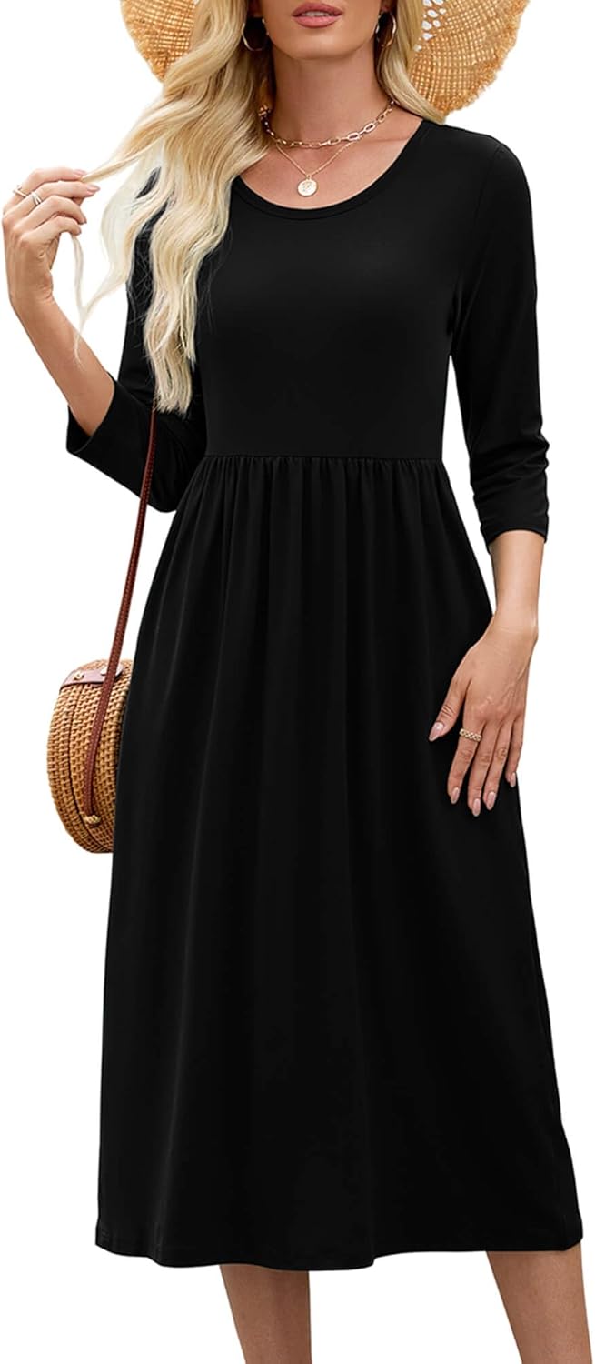 Heymoments Women’s Casual 3/4 Sleeve Midi Dress Crewneck A Line Tiered Flowy Loose Travel 2025 Long Dresses with Pockets