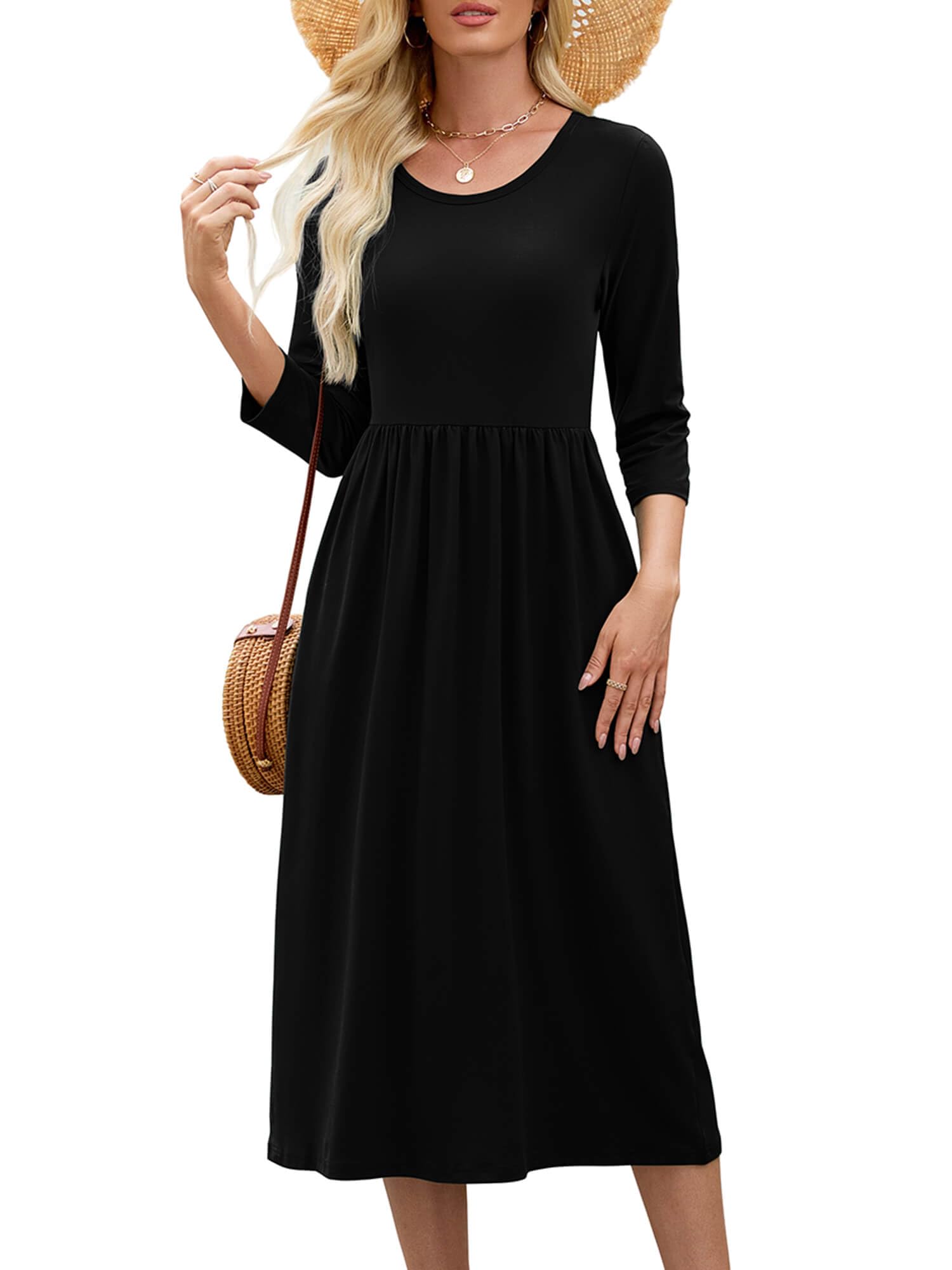 Heymoments Womens Casual 3 4 Sleeve Midi Dress Crewneck A Line Tiered Flowy Loose Travel Long Dresses with