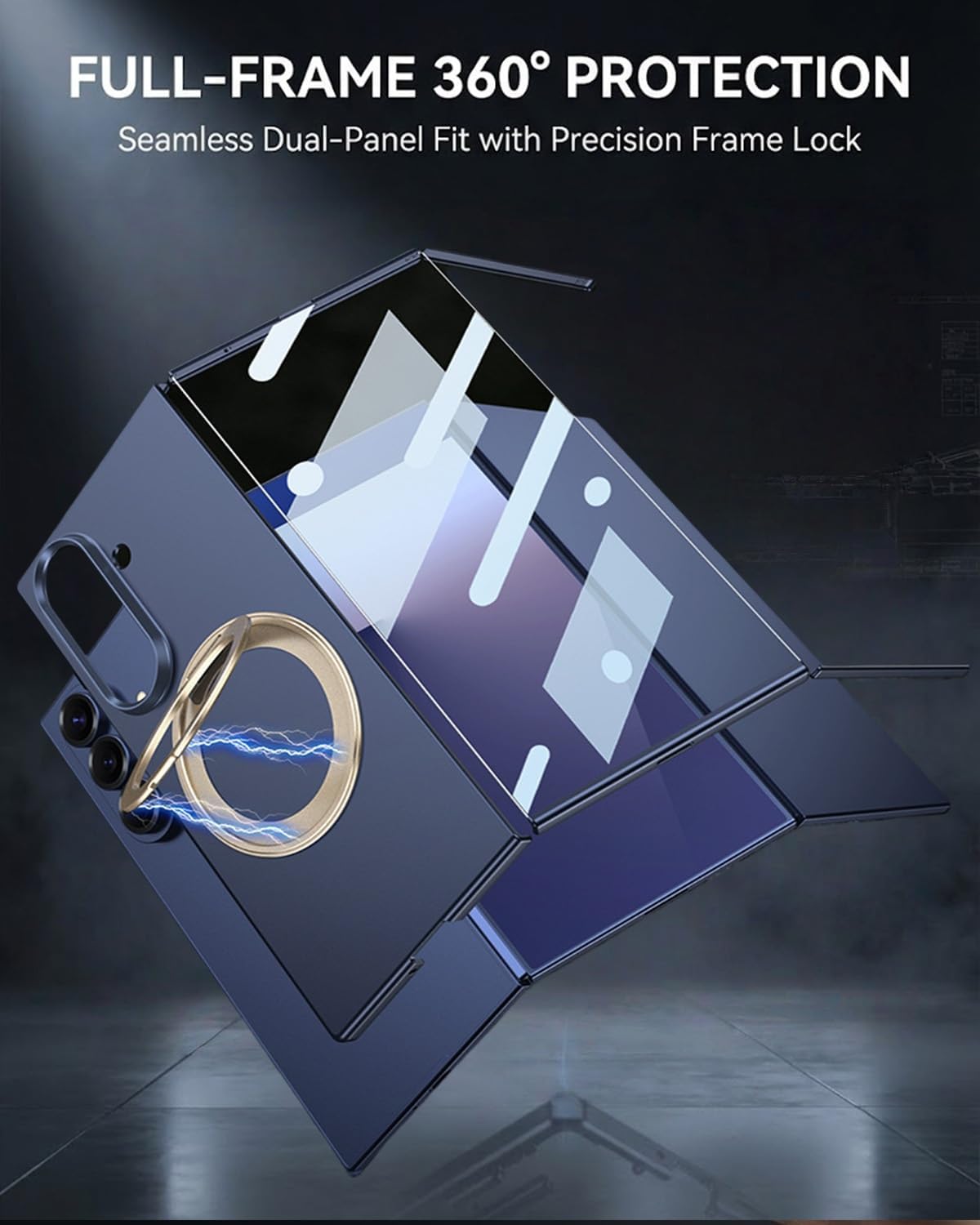 Case for Samsung Galaxy Z Trifold with Built-in Screen Protector, Magnetic Rotating Ring Holder Stand, Slim Shockproof Full-Body Hinge Protection, Rugged Matte Protective Cover(Blue)