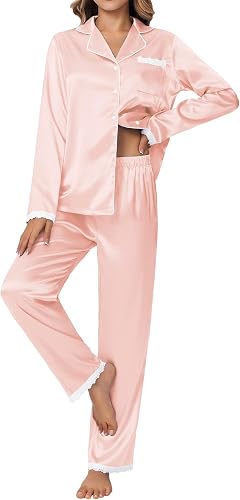 Ekouaer Satin Pajamas for Women Silk Long Sleeve Sleepwear Button Down Loungewea