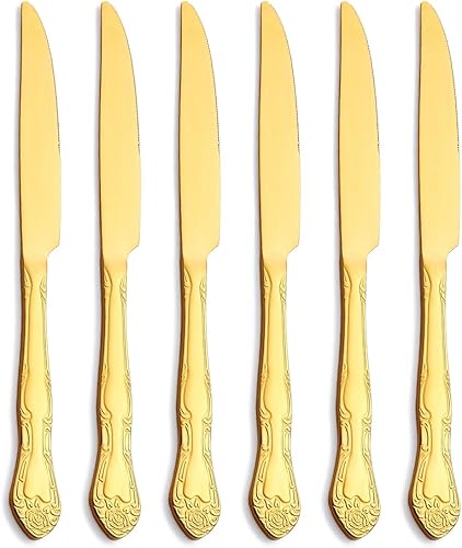Juego de 6 cuchillos de cena dorados mate, acero inoxidable con acabado satinado, diseño de patrón de rosas, aptos para lavavajillas