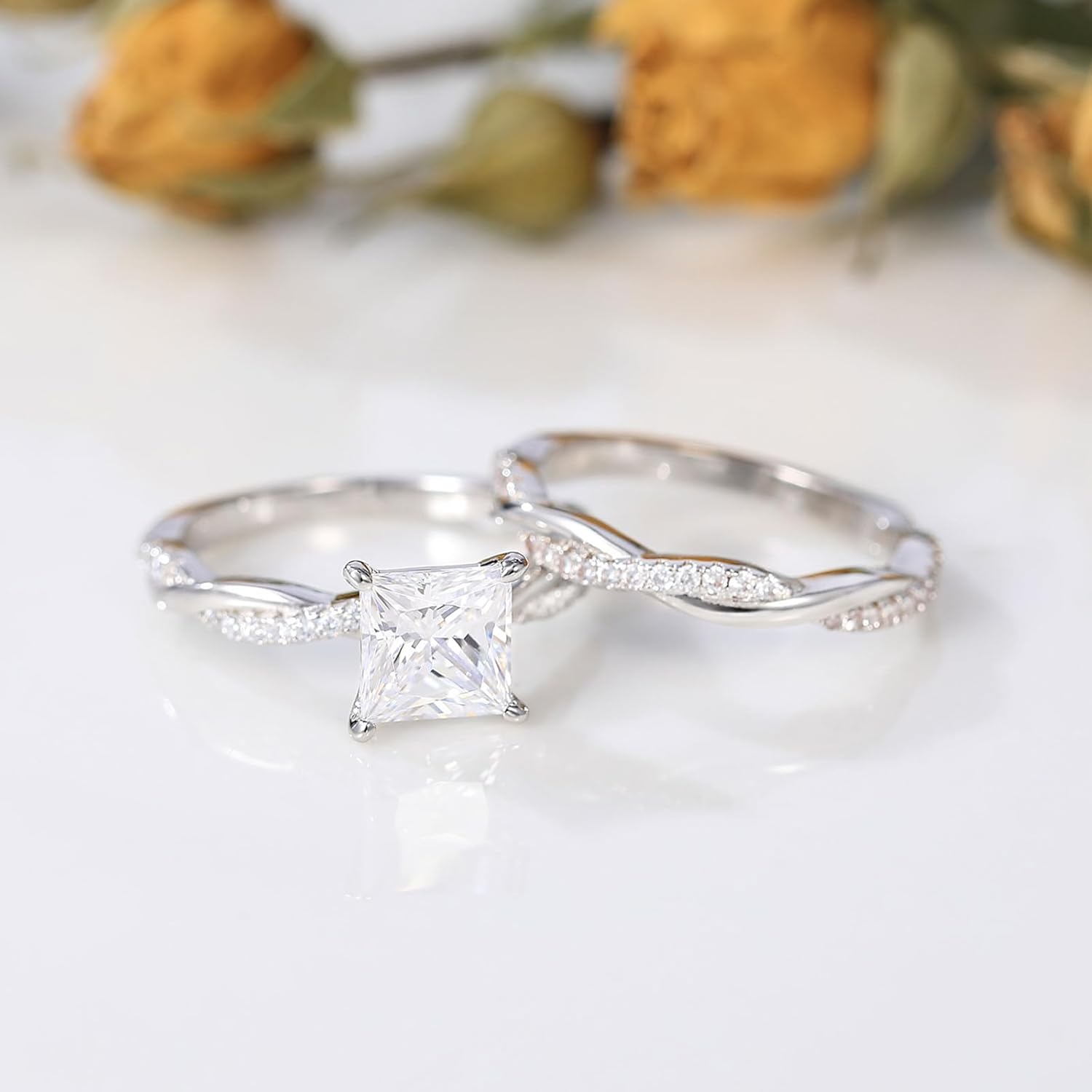 Cushion/Emerald/Oval/Princess/Pear/Round Cut Moissanite Engagement Rings Set for Women 1CT D Color Moissanite Infinity Twisted Wedding Ring Bridal Ring Set for Her Size 4-15(Custom 1-5 CT)