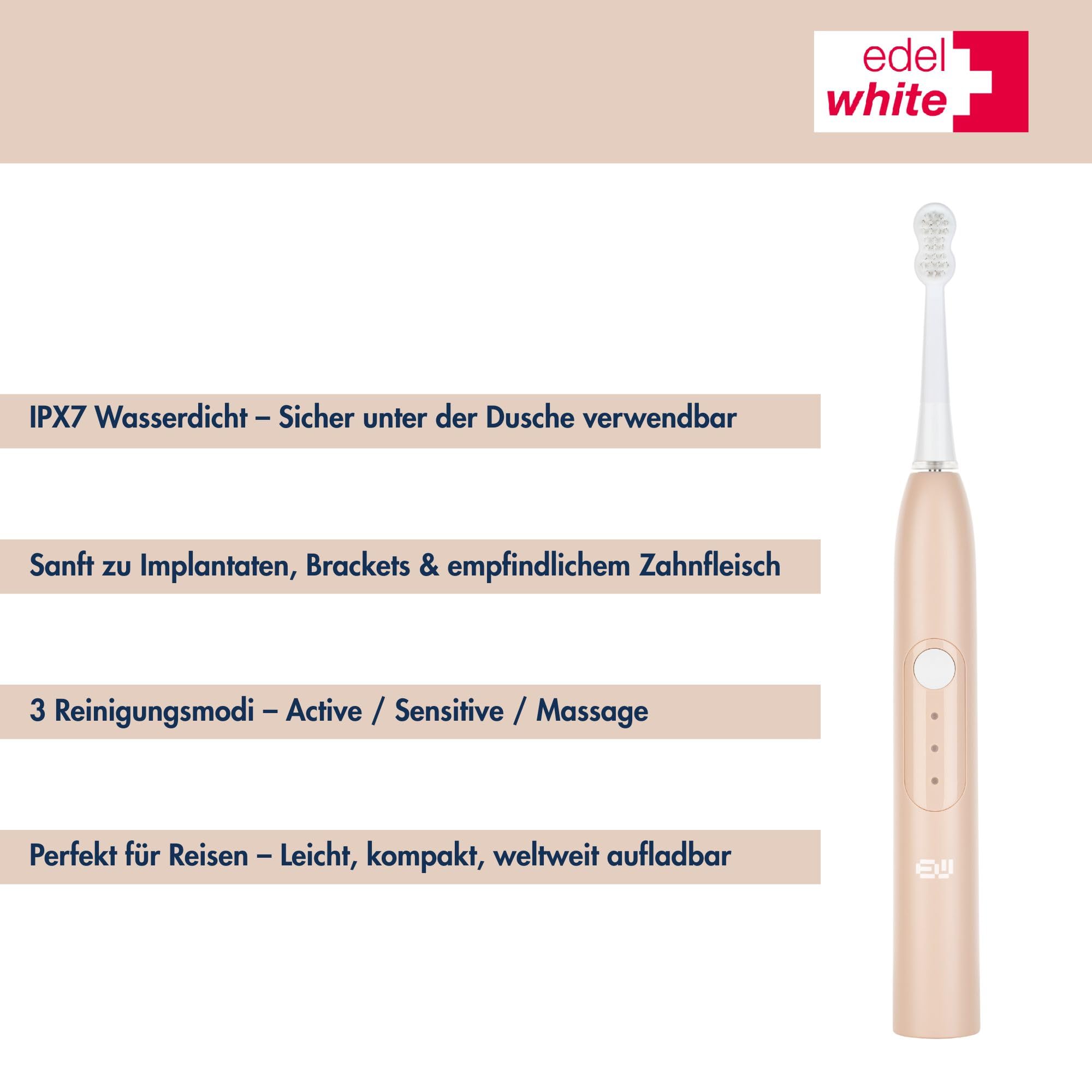 edel + white swiss EW‑SG9 Viva Sonic Toothbrush – Schweizer Hydrodynamische Schallzahnbürste mit 3 Professionellen Bürstenköpfen, USB Direktladung & Massage‑Modus – Kompakt & Leistungsstark (Rosa)