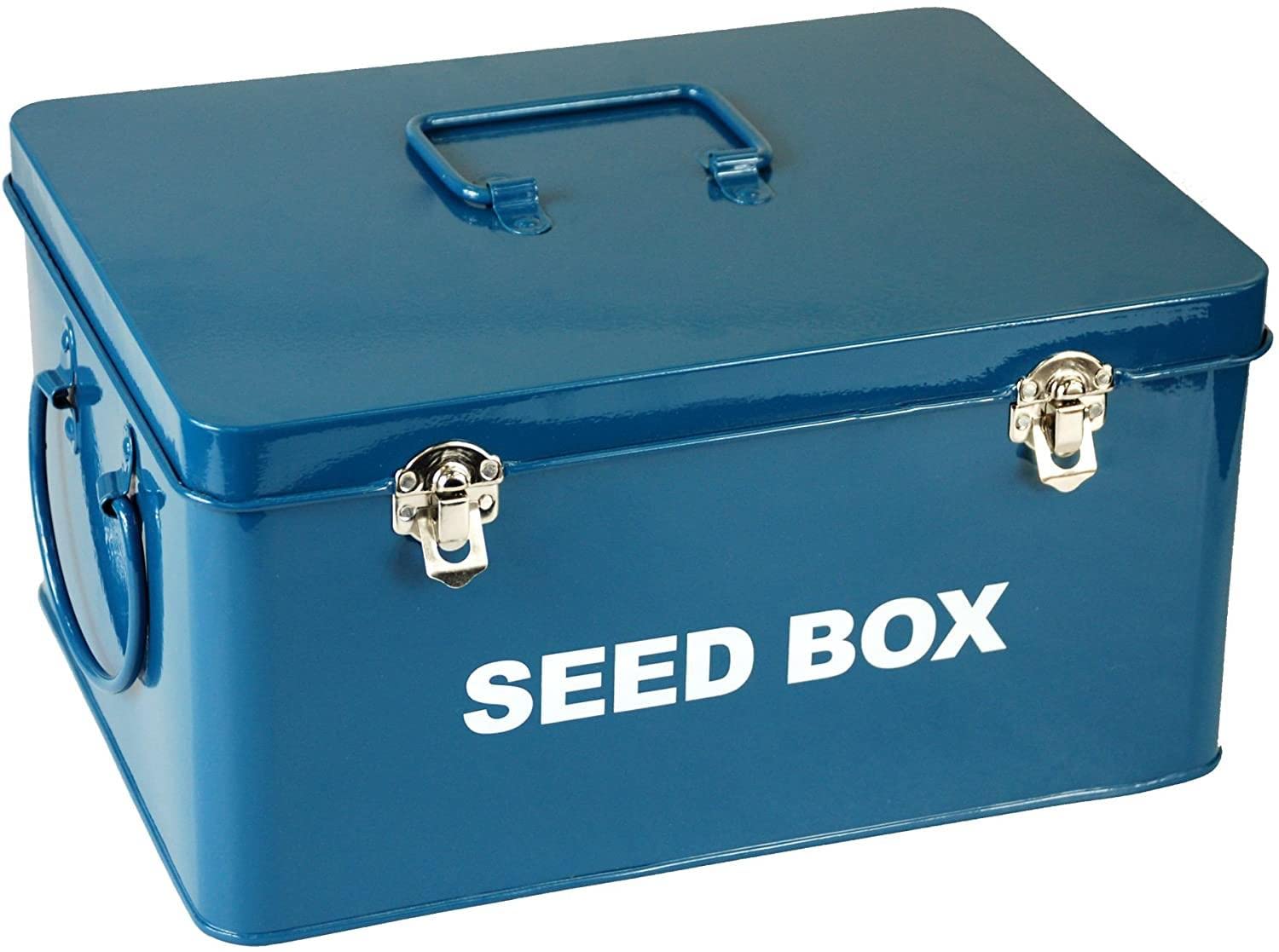 simpa Vintage Style Metal Seed Storage Box Organiser Utility Tin in BLUE with 10PK Starter Vegetable & Flower Seed Packets.
