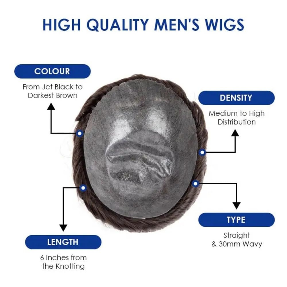 Perruque Postiche for homme en cheveux humains indiens bruns, base fine de 0,1 à,12 mm, prothèse capillaire masculine(2#,6x7)