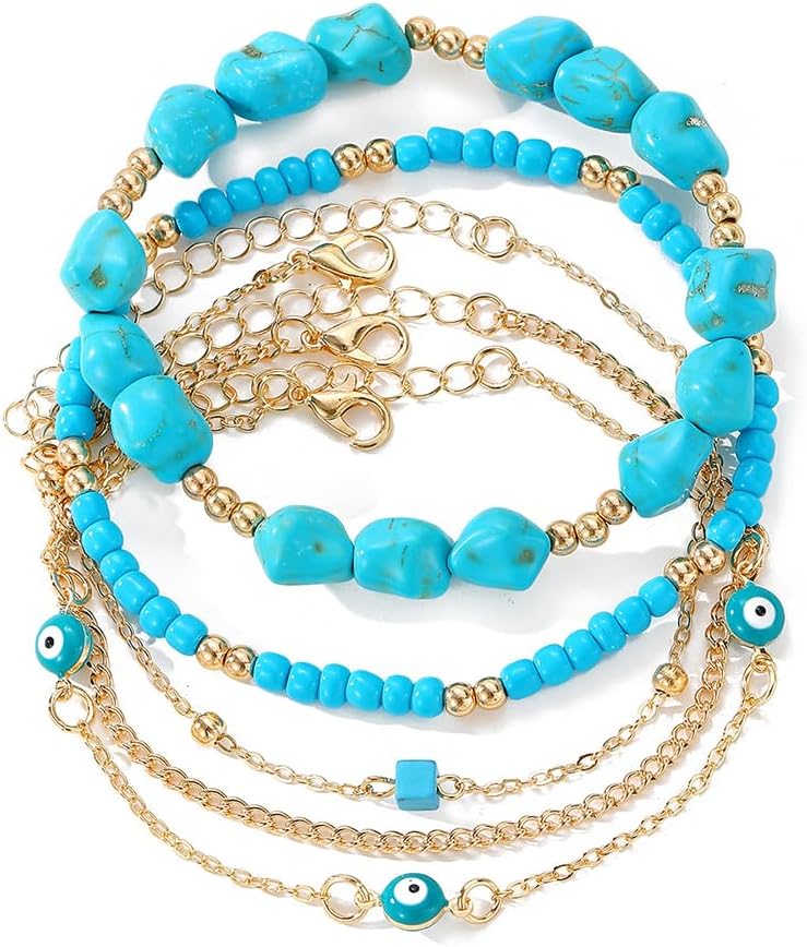 Gold Turquoise Beaded Western Jewelry for Women Fashion Stackable Irregular Turquoise Bead Bracelets Elastic Stack Evil Eyes Bracelet Boho Accessories - Image 7