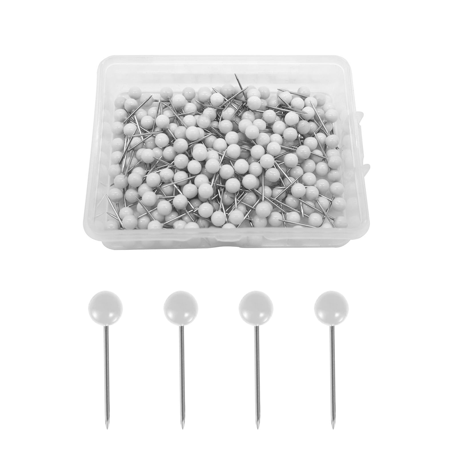 300 sztuk igieł z okrągłymi główkami, 4 mm, pinezki do tablic korkowych, z plastikowym pudełkiem, okrągłe, do map, zdjęć, płyt korkowych, oznakowania materiału, "zrób to sam" (białe)