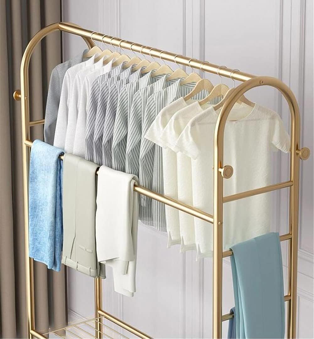 Lukzer Metal Multipurpose A Shape Garment Rack with 2 Bottom Shelf Heavy Duty Non-Slip Clothes Hanging Rail Coat Hanger Display Unit Living Room, Bedroom (Gold, 168 x 120 x 35cm) DIY offers donot miss