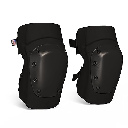 PRO - Rodilleras estilo constructor con 3 niveles de protección, color negro, 1 par, tapa de plástico de soporte plano y cierres ajustables