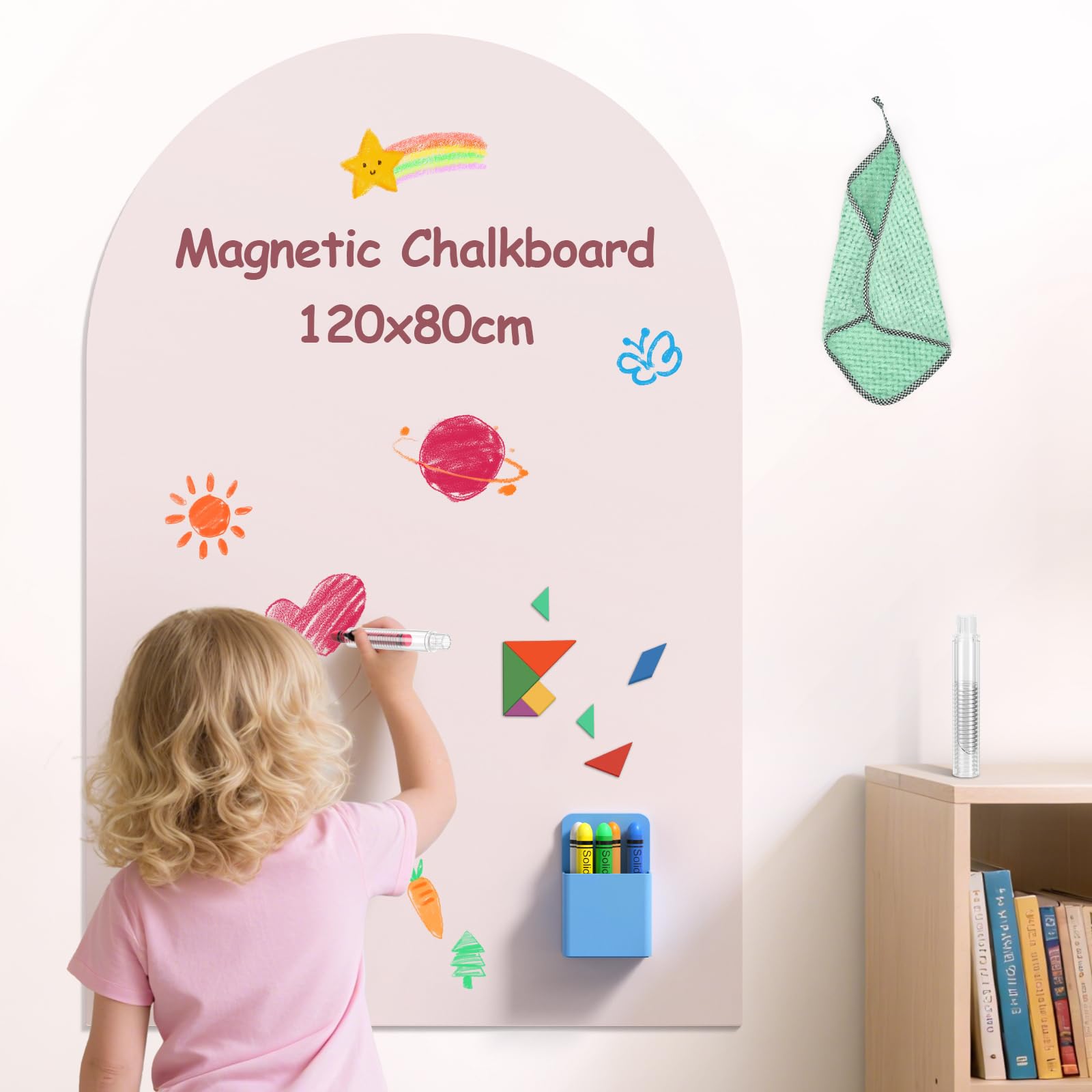Magnetic Chalkboard for Wall, 120 x 80cm Magnetic Arched Wall Sticker, Peel & Stick Chalkboard for Wall with 6 Chalk-Sticks, 1 Chalk-Holder,1Chalk-Clip,1 Cleaning Rag, for Kids’ Learning or Drawing — image 1