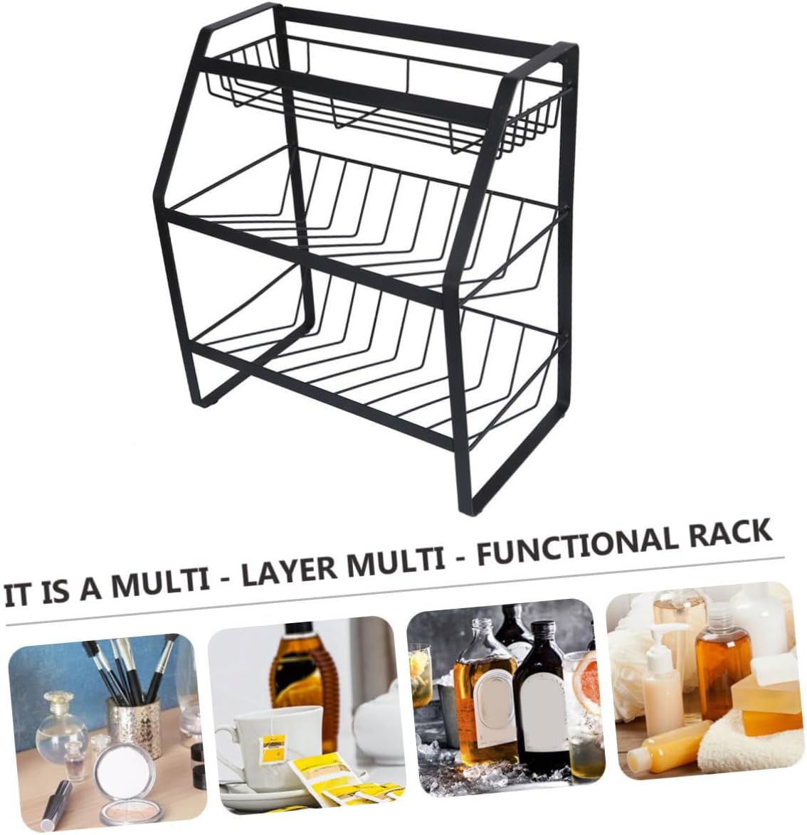 Unomor 1Pc Kitchen Rack Multi Seasoning Shelf Draining Storage Organizer for Kitchen Bathroom Black Sloping Bottom Countertop Design for Neat Convenient Use