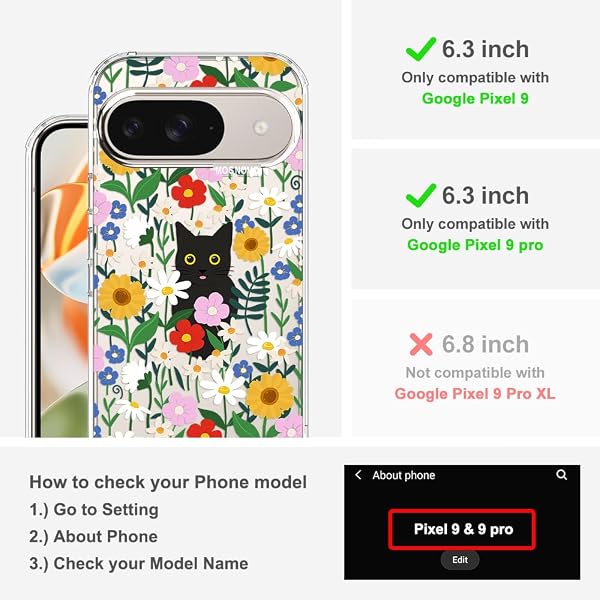 MOSNOVO Case for Google Pixel 9 & Pixel 9 Pro, [Buffertech 6.6ft Military-Grade Drop Protection] [Anti Peel Off Tech] Clear TPU Bumper Phone Case Cover Design - Black Cat in Garden - 2