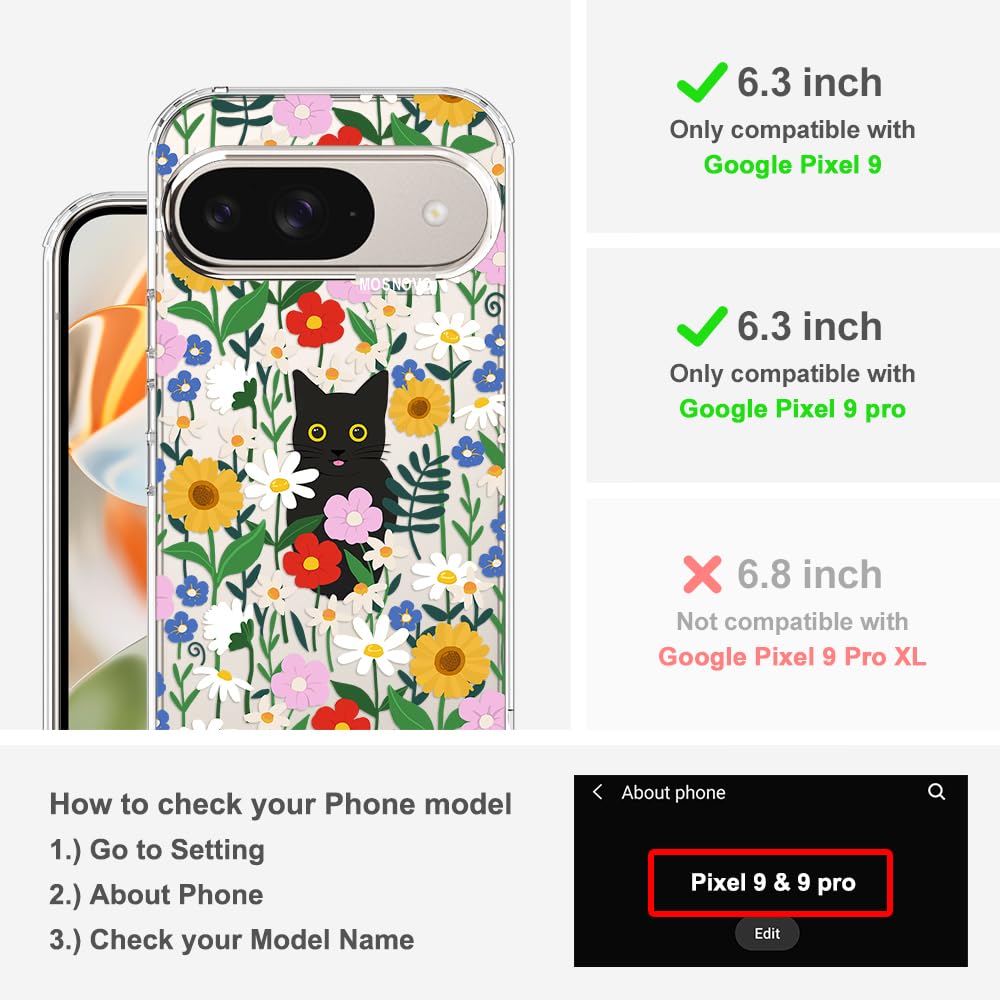 MOSNOVO Case for Google Pixel 9 & Pixel 9 Pro, [Buffertech 6.6ft Military-Grade Drop Protection] [Anti Peel Off Tech] Clear TPU Bumper Phone Case Cover Design - Black Cat in Garden - 3