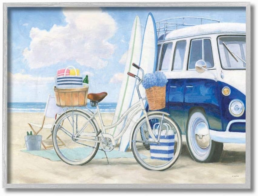 Stupell Industries Bike and Van Beach Nautical Blue White Painting, Designed by James Wiens Wall Art, 24 x 30, Canvas